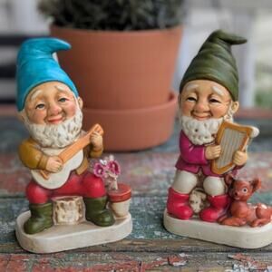VTG 1970's Happy Musician Gnomes Cottage Fairy Whimsical Figures